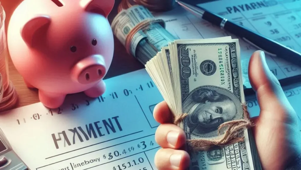 A hand holding a stack of cash with a piggy bank in the background and a calendar marked with payment due dates.