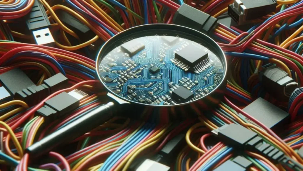 A magnifying glass on a circuit board surrounded by colorful wires