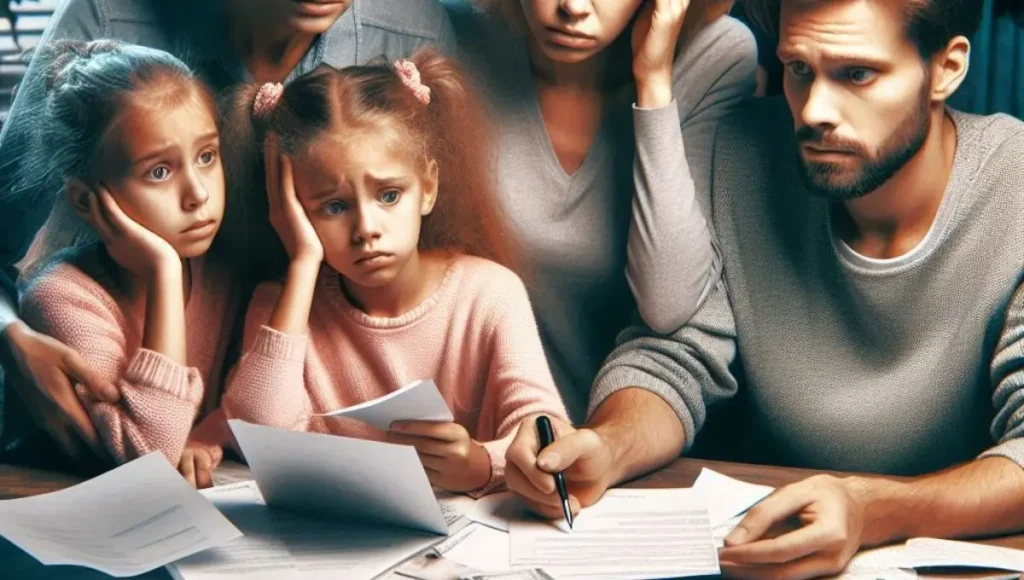 A family of four sits at a desk, surrounded by papers and bills.