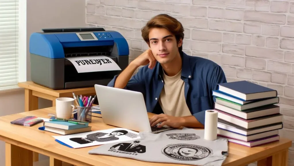 A student sitting at a desk with a laptop, printing out t-shirts, mugs, and phone cases