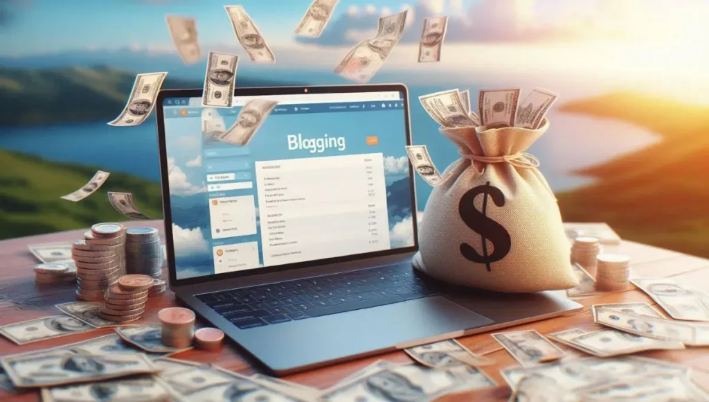 An image of a laptop with a money bag next to it indicating the blogging potential