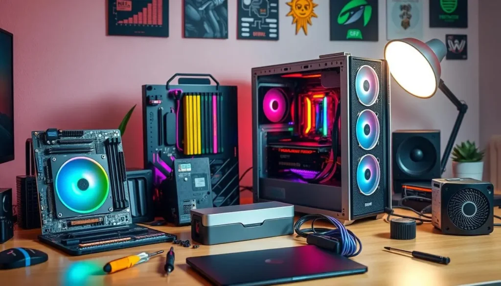 A desk showing vibrant colors, a motherboard, CPU, RAM sticks, graphics card, power supply unit, and cooling system