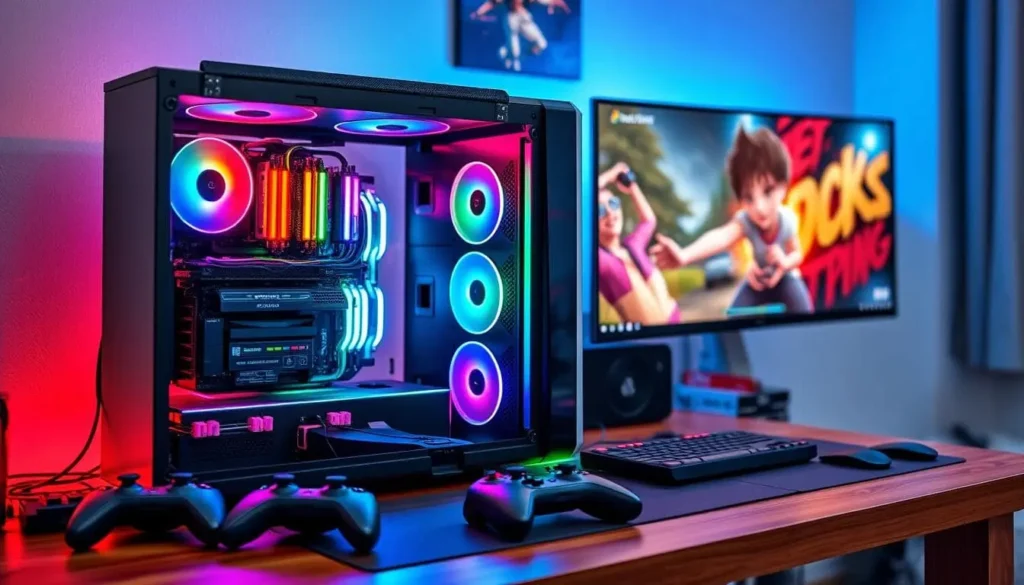 budget-friendly gaming PC setup on a wooden desk, featuring colorful LED lights