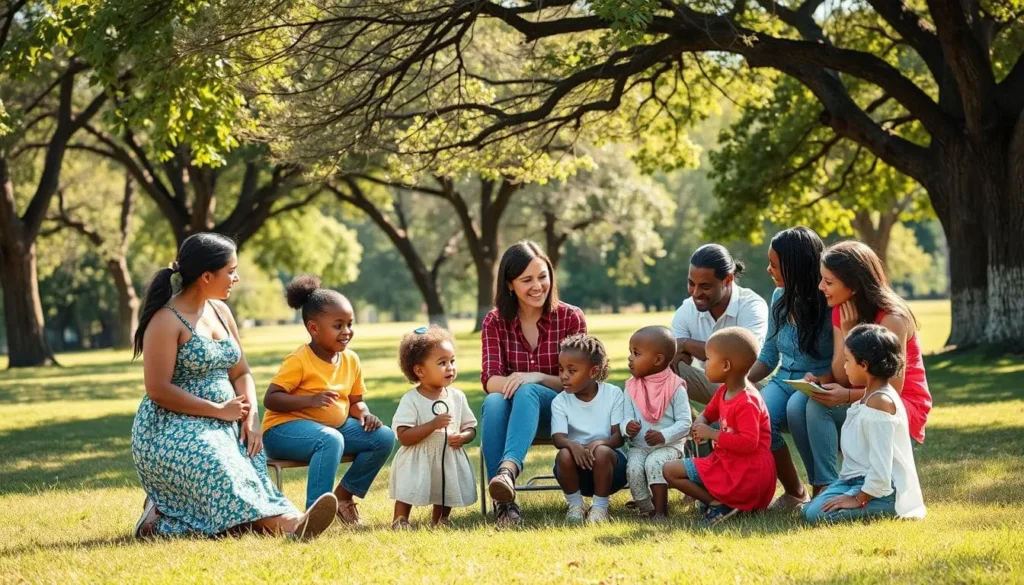 a group of people and kids sitting on a bench in a park