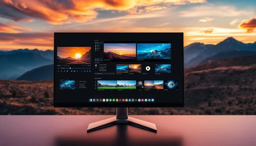 a computer monitor with a sunset in the background