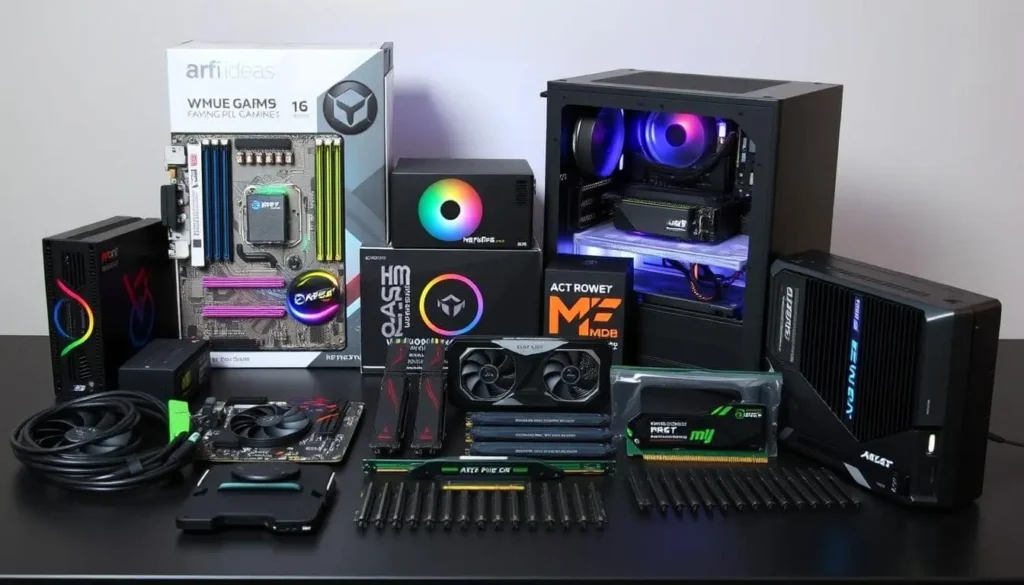 An array of budget-friendly gaming PC components on a sleek tabletop