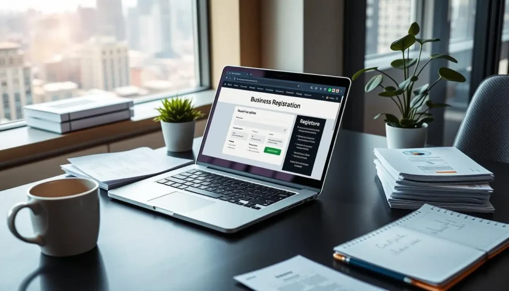 An office desk with a laptop open to a business registration website