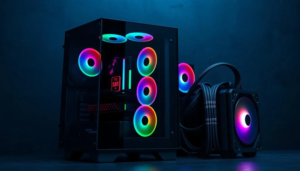 A gaming PC with tempered glass side panels showcasing colorful RGB lighting