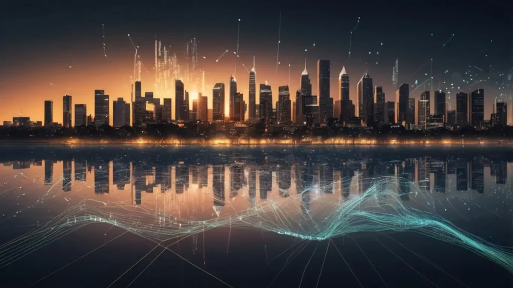 A cityscape with lines of binary code flowing into the skyline