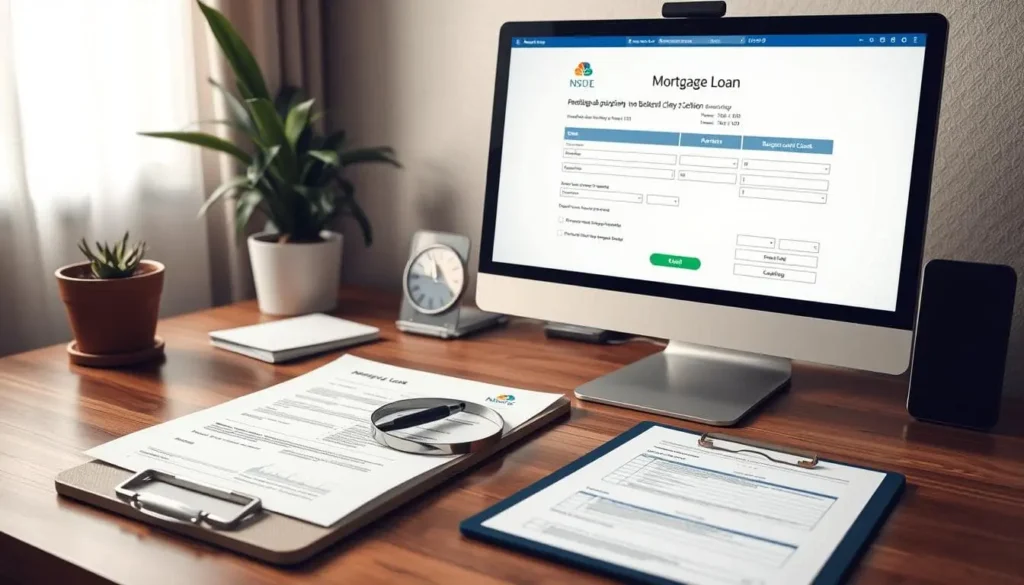 A professional workspace featuring a computer screen displaying a mortgage loan application
