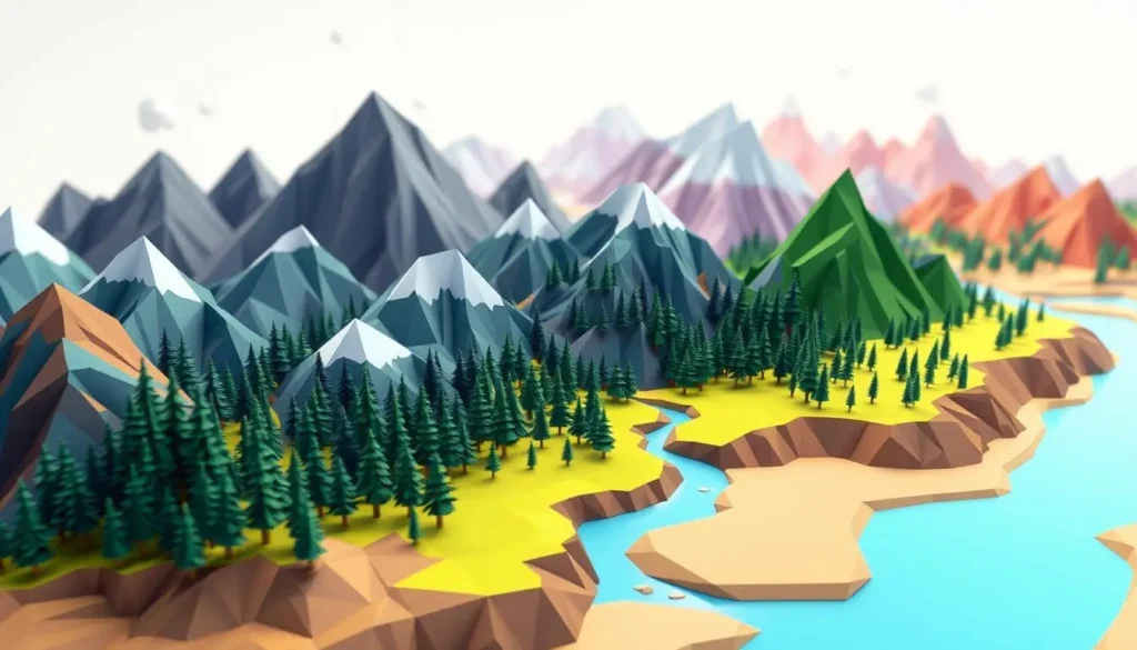 Low-poly models showcasing various landscapes, including mountains, forests, and rivers, all rendered in a minimalist geometric style