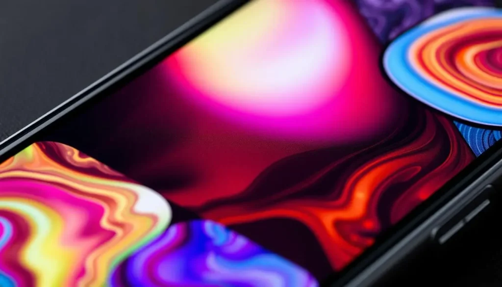 A close-up view of a smartphone screen displaying various colorful textures and materials