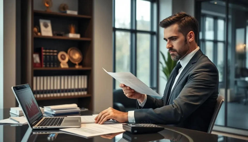 A professional mortgage loan officer at a modern office desk, surrounded by financial documents