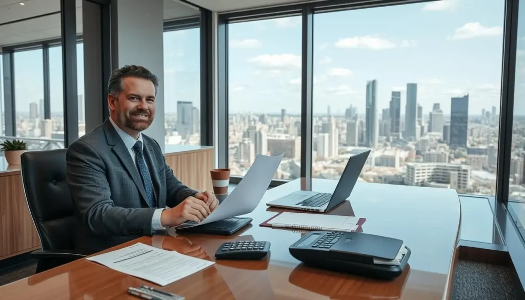 A professional mortgage loan officer sitting at a modern desk